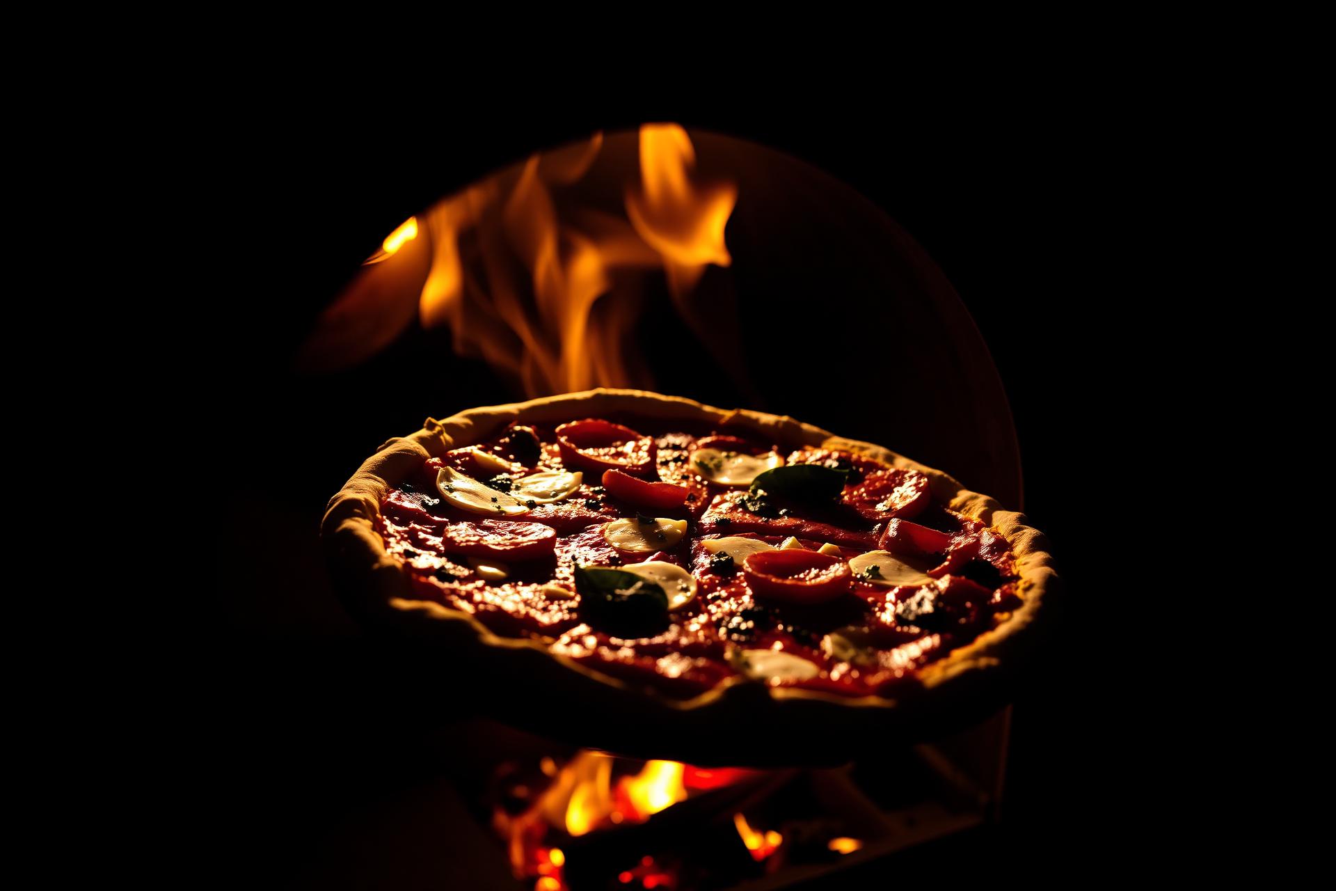 Frisch gebackene Pizza wird aus dem Steinofen geholt